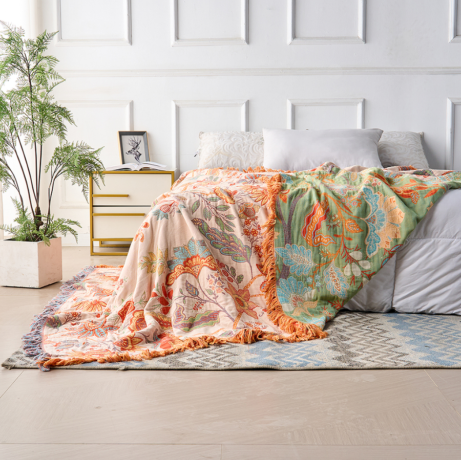 Cotton Floral Boho Blanket in Rustic Design-Bedding & Bath > Blankets-casanuva-casanuva