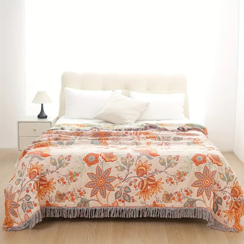 Cotton Floral Boho Blanket in Rustic Design-Bedding & Bath > Blankets-casanuva-casanuva