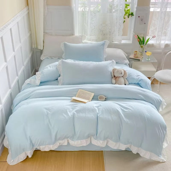 Cotton Ruffle Bedding Set 4 Piece Cottagecore Design-Bedding & Bath > Bedding Sets-casanuva-Celestial Blue-Full-casanuva