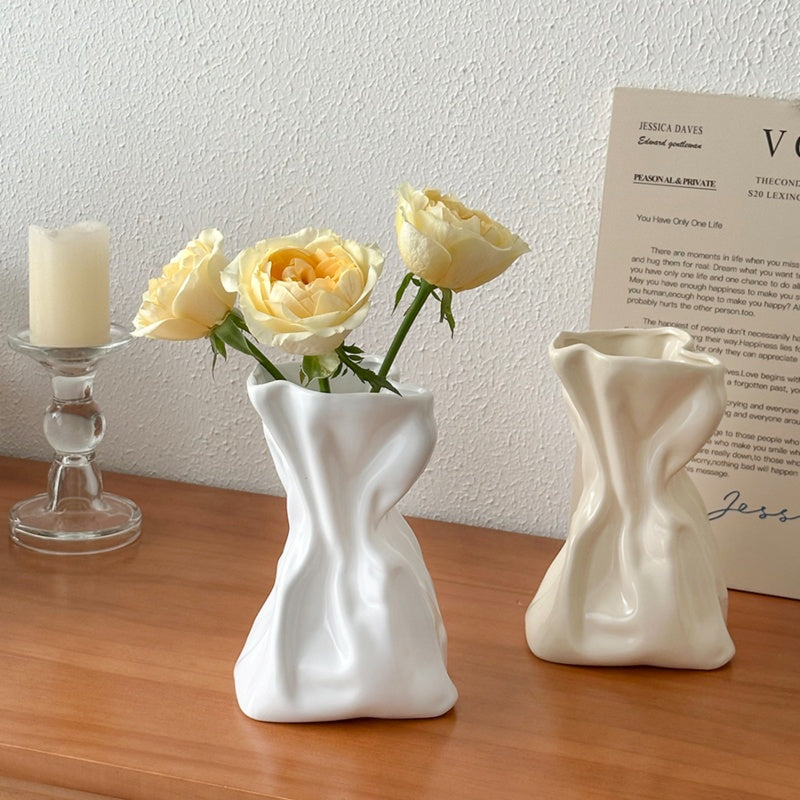 Crumpled Ceramic Vase-Home Decor > Vases-casanuva-White + Cream-casanuva