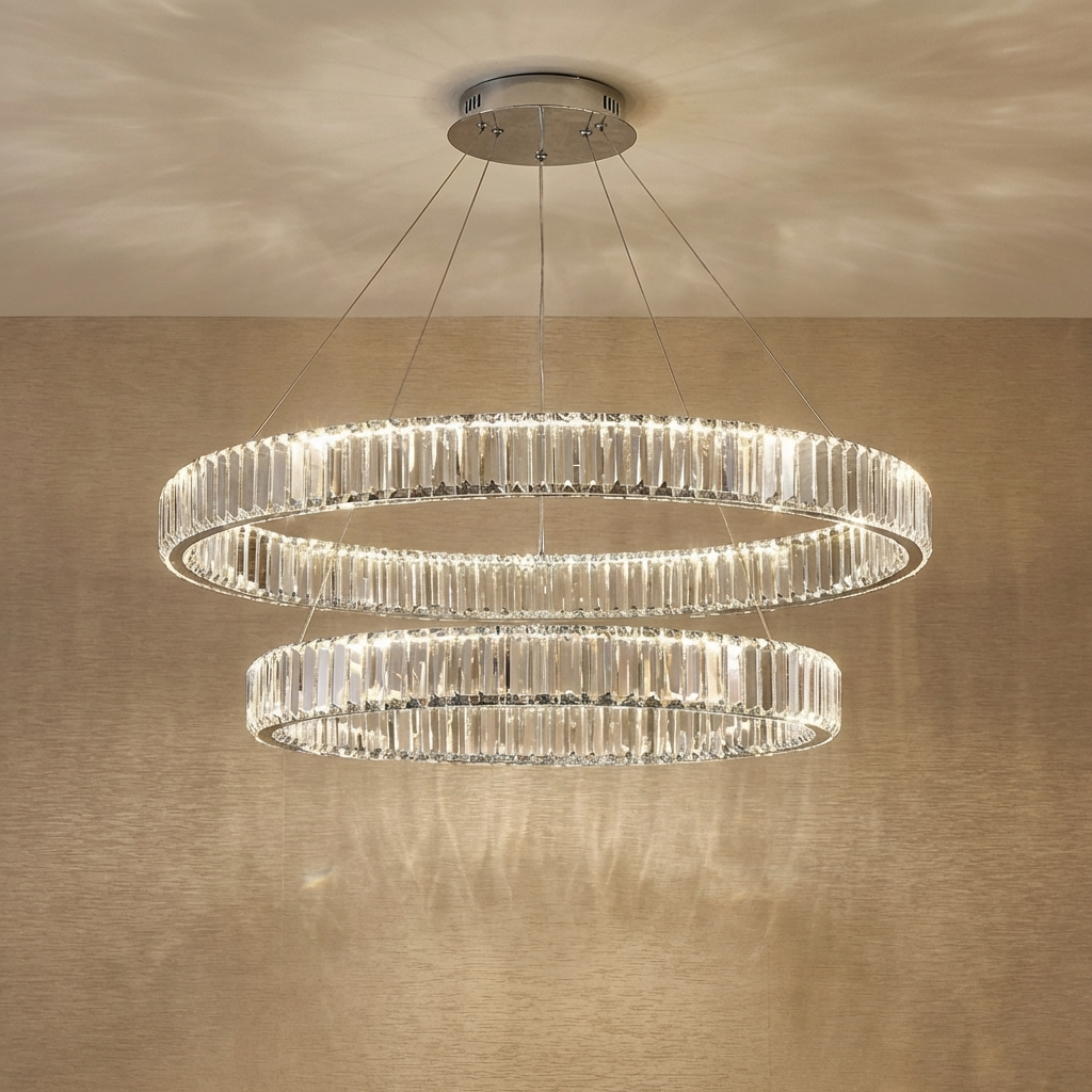 Crystal Circular Hanging Chandelier-Lighting > Chandeliers & Pendant Lights-casanuva-Double - 40cm + 60cm-Chrome-Warm Light-casanuva