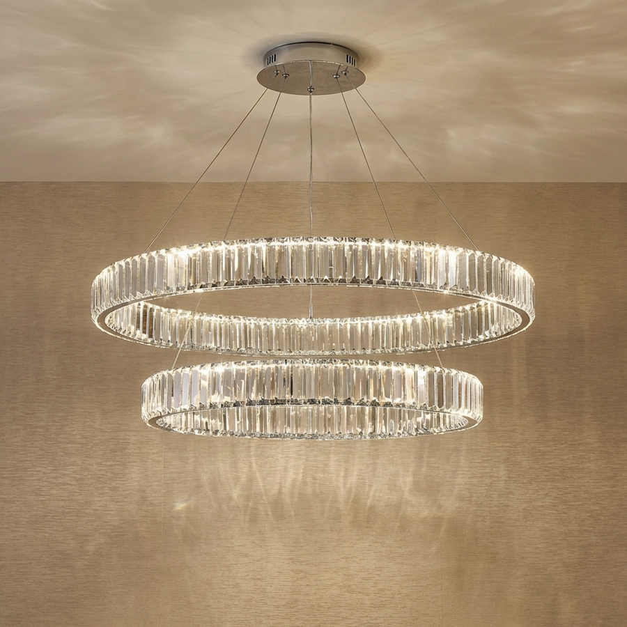 Crystal Circular Hanging Chandelier-Lighting > Chandeliers & Pendant Lights-casanuva-Double - 40cm + 60cm-Chrome-Warm Light-casanuva