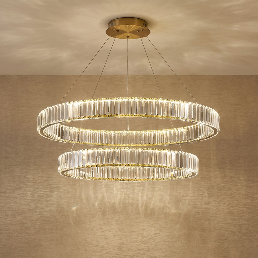 Crystal Circular Hanging Chandelier-Lighting > Chandeliers & Pendant Lights-casanuva-Double - 40cm + 60cm-Gold-Warm Light-casanuva
