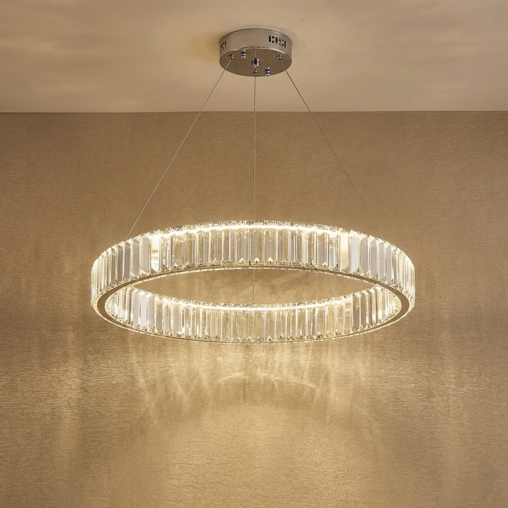 Crystal Circular Hanging Chandelier-Lighting > Chandeliers & Pendant Lights-casanuva-Single - 40cm-Chrome-Warm Light-casanuva