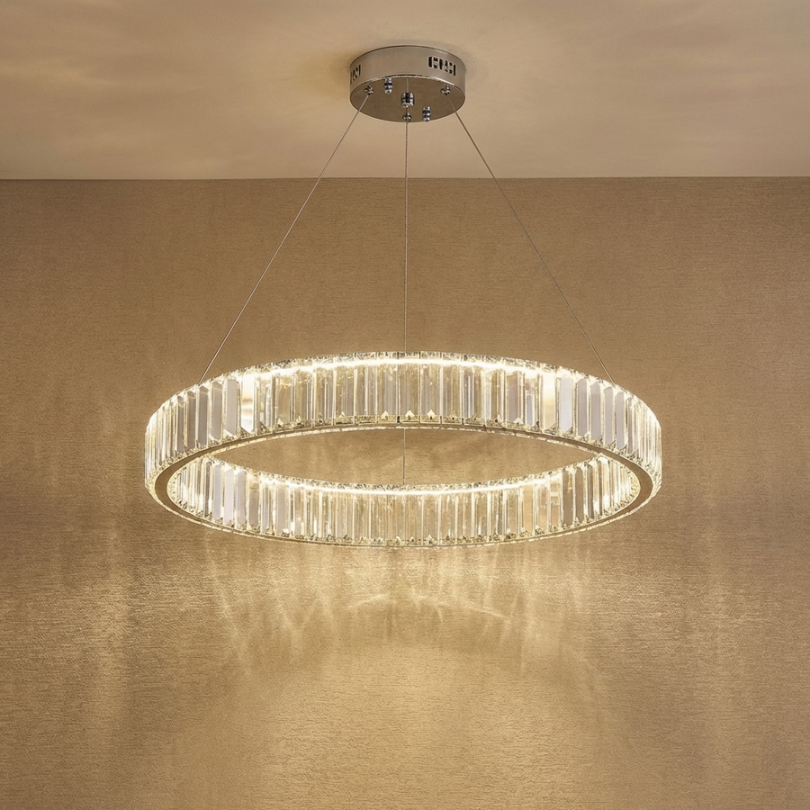 Crystal Circular Hanging Chandelier-Lighting > Chandeliers & Pendant Lights-casanuva-Single - 40cm-Chrome-Warm Light-casanuva
