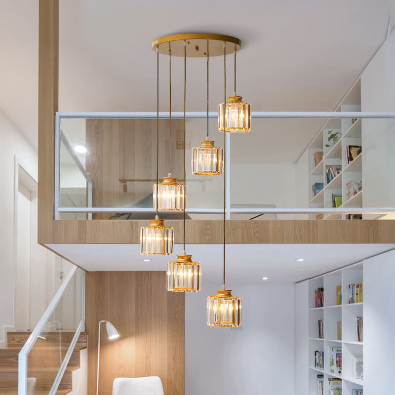 Cylindrical Crystal 6-Light Stairway Chandelier-Lighting > Chandeliers & Pendant Lights-casanuva-casanuva