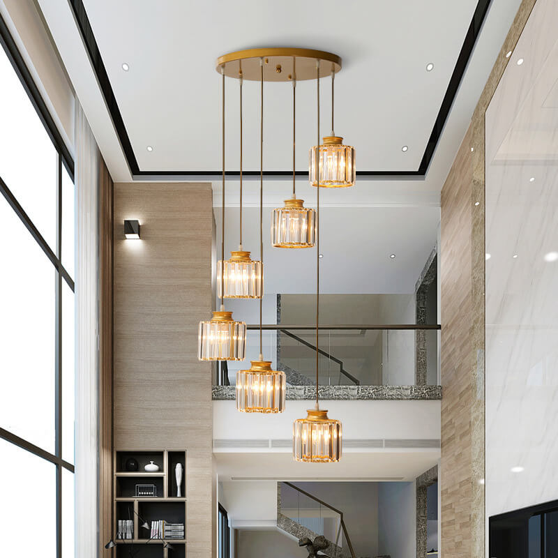 Cylindrical Crystal 6-Light Stairway Chandelier-Lighting > Chandeliers & Pendant Lights-casanuva-Gold-6 Light-110V-120V-casanuva