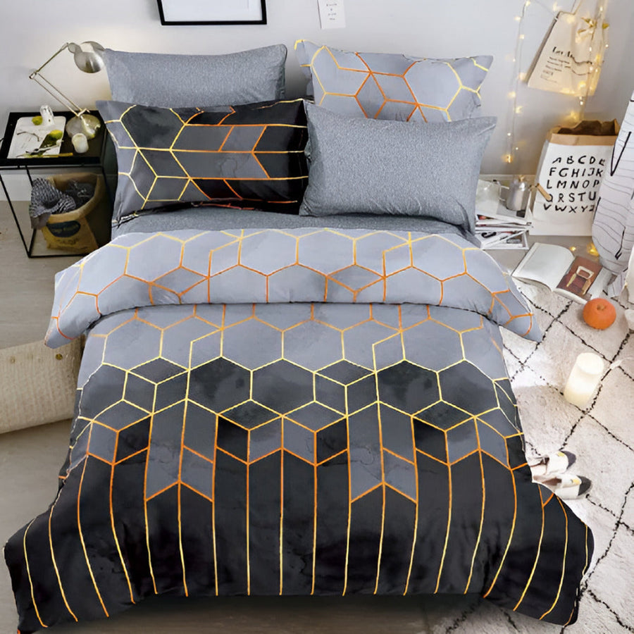 Duvet Cover Set 3 Piece Golden Cosmo Design-Bedding & Bath > Bedding Sets-casanuva-Queen-Charcoal Goldstone-casanuva