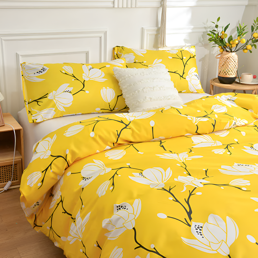 Duvet Cover Set Yellow Blossom 3 Piece-Bedding & Bath > Bedding Sets-casanuva-casanuva