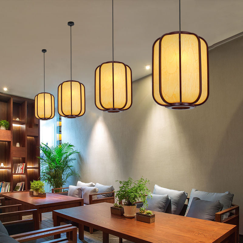 Faux Sheepskin Wooden Lantern Pendant Light 1-Light-Lighting > Pendant Lights-casanuva-Small-Yellow-110V-120V-casanuva
