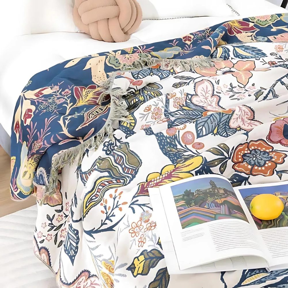 Floral Cotton Blanket 100% Natural Rustic Design-Bedding & Bath > Blankets-casanuva-casanuva