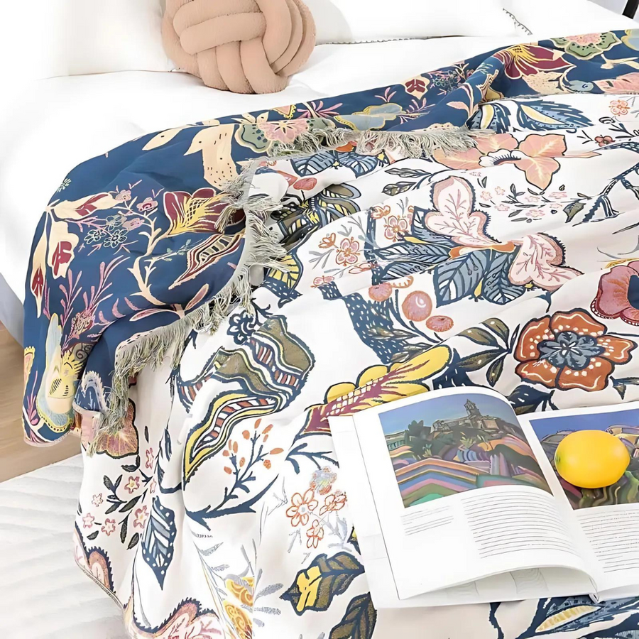 Floral Cotton Blanket 100% Natural Rustic Design-Bedding & Bath > Blankets-casanuva-casanuva