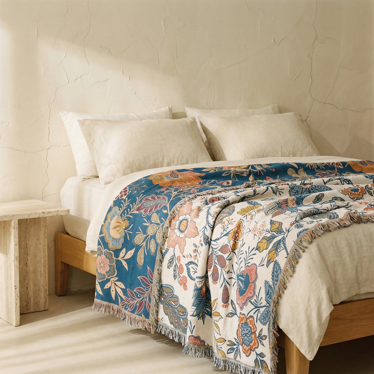 Floral Cotton Blanket 100% Natural Rustic Design-Bedding & Bath > Blankets-casanuva-casanuva