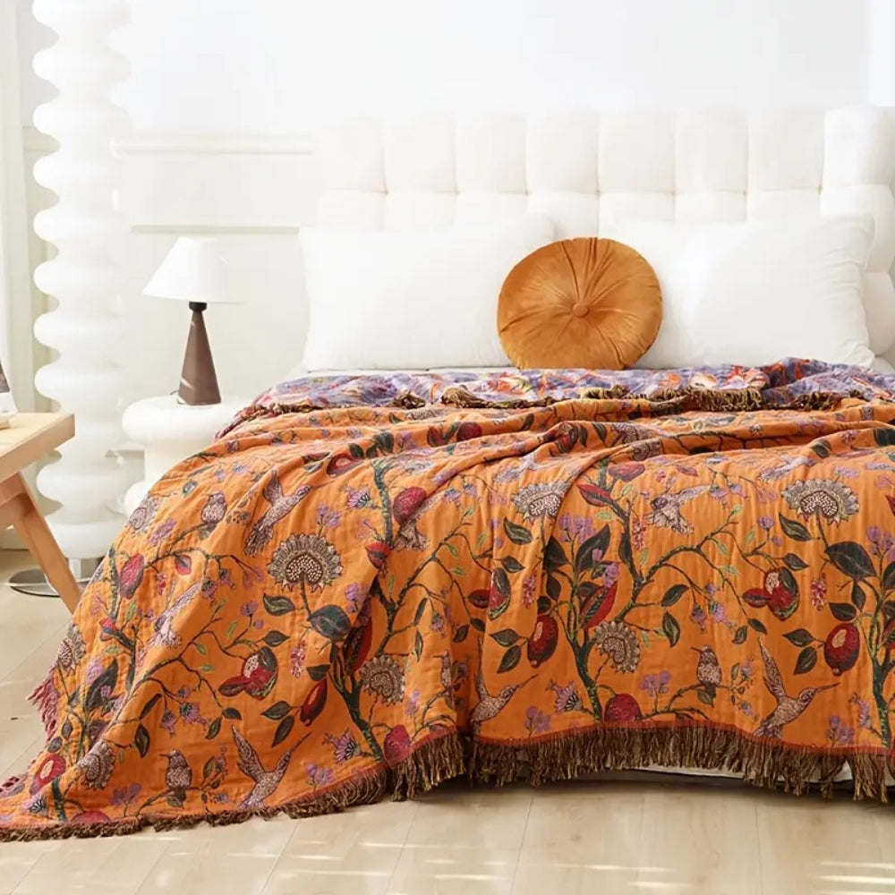 Floral Cotton Tassel Blanket-Bedding & Bath > Blankets-casanuva-casanuva