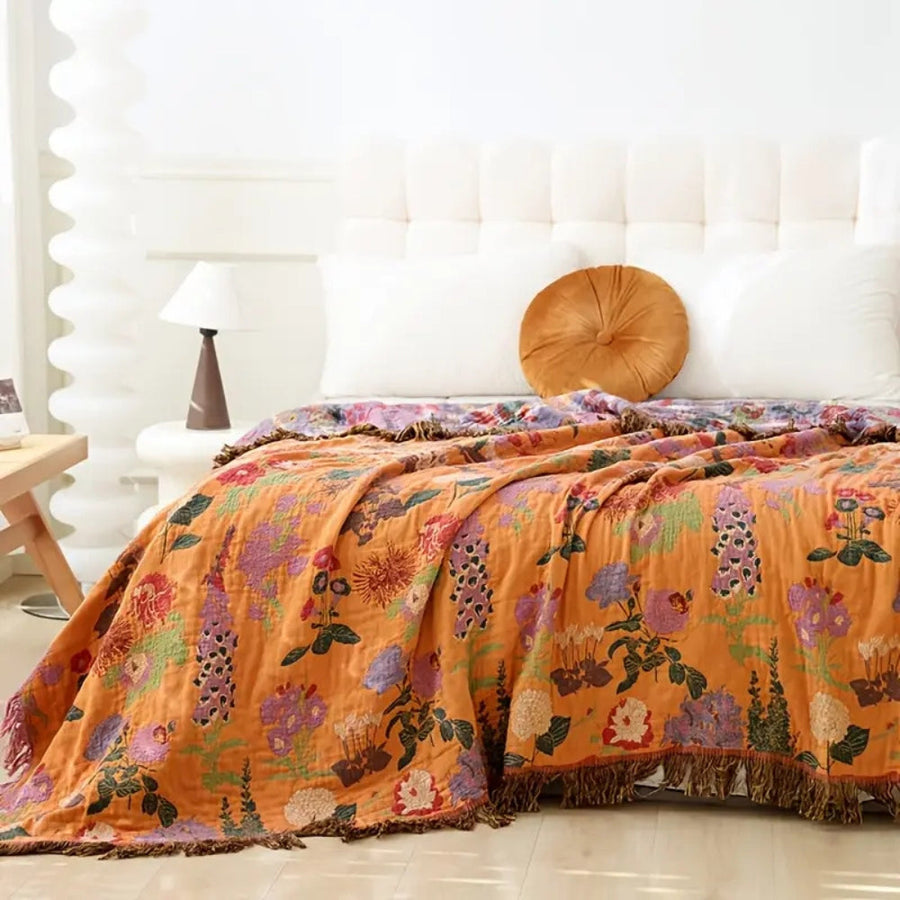 Floral Cotton Tassel Blanket-Bedding & Bath > Blankets-casanuva-casanuva