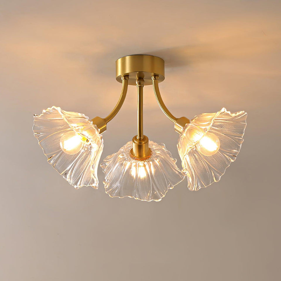 Flower Glass Ceiling Lamp-Lighting > Ceiling Lights-casanuva-3 heads 17.8" x H 10.6"-Brass & Clear-casanuva