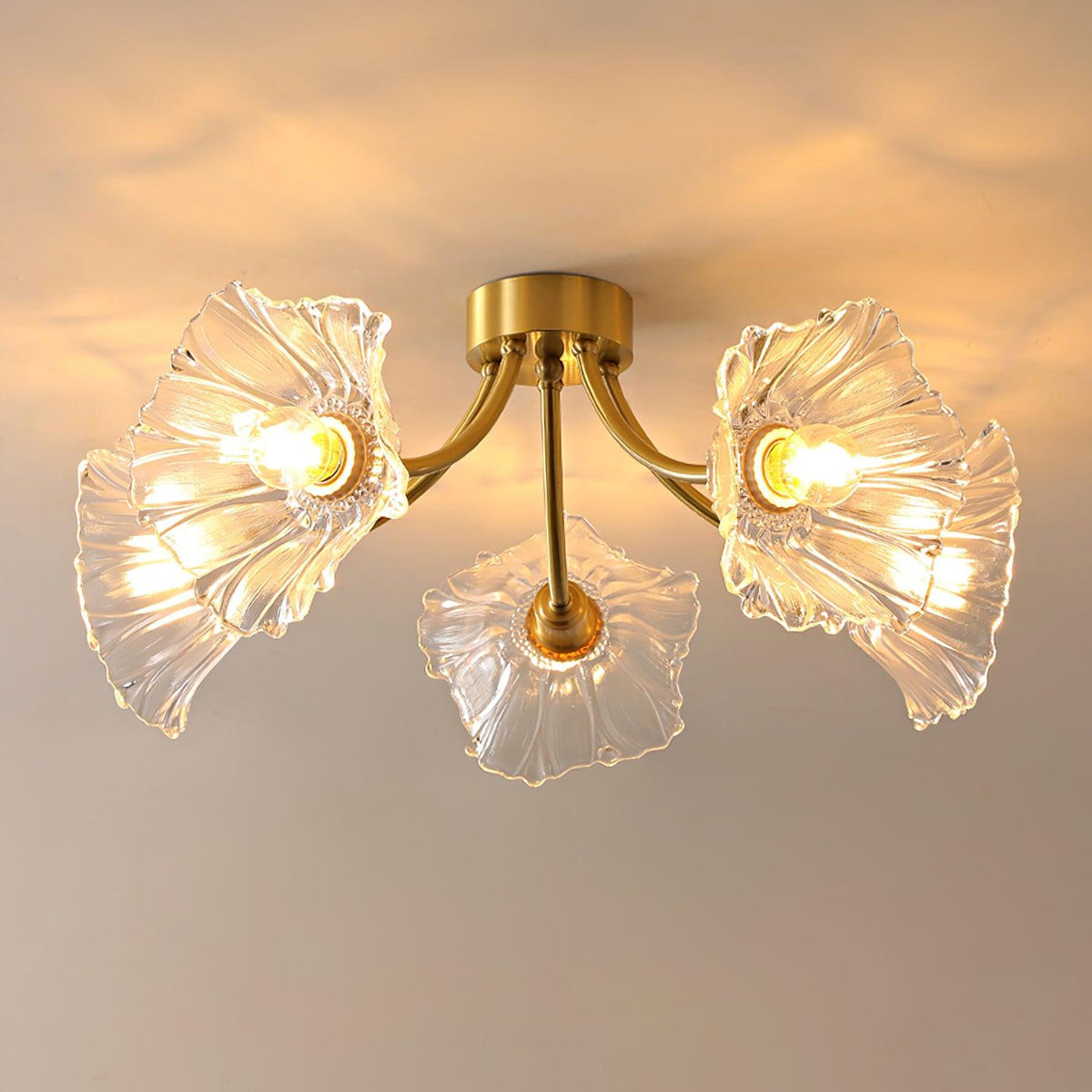 Flower Glass Ceiling Lamp-Lighting > Ceiling Lights-casanuva-5 heads 21.6" x H 10.6"-Brass & Clear-casanuva
