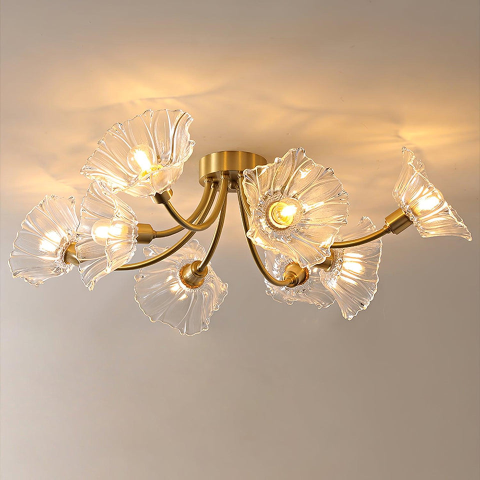 Flower Glass Ceiling Lamp-Lighting > Ceiling Lights-casanuva-8 heads 32.6" x H 10.6"-Brass & Clear-casanuva