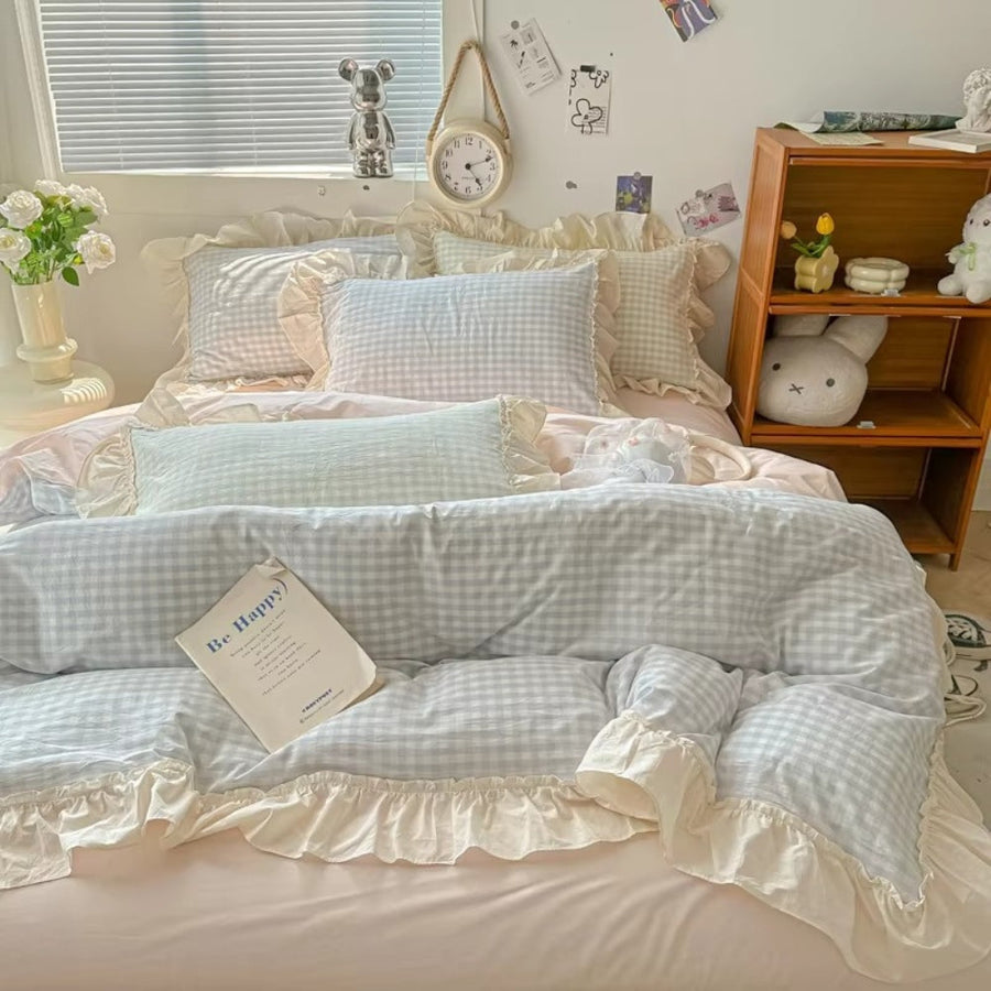 Gingham Check Ruffled Edge Bedding Set-Bedding & Bath > Bedding Sets-casanuva-casanuva