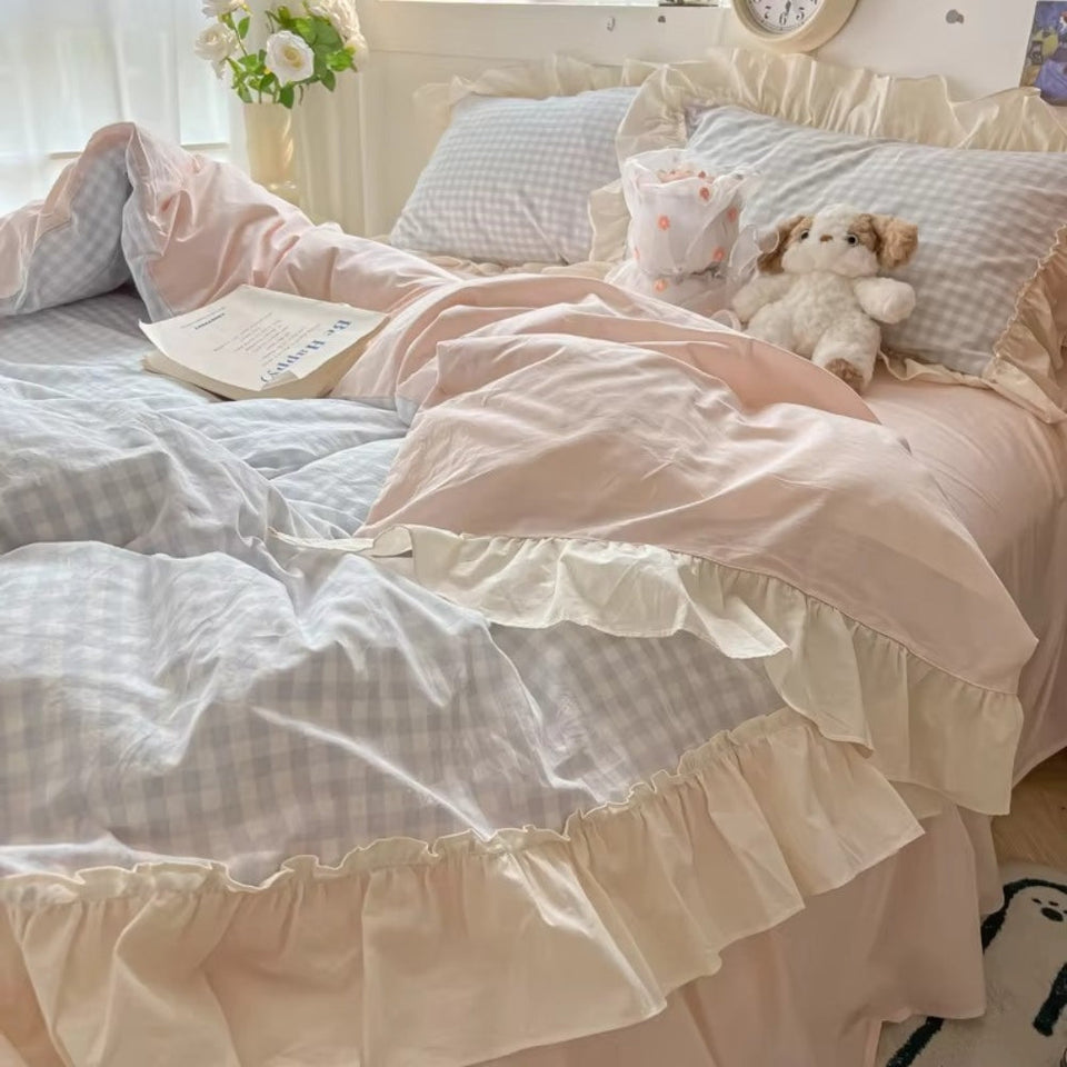 Gingham Check Ruffled Edge Bedding Set-Bedding & Bath > Bedding Sets-casanuva-casanuva
