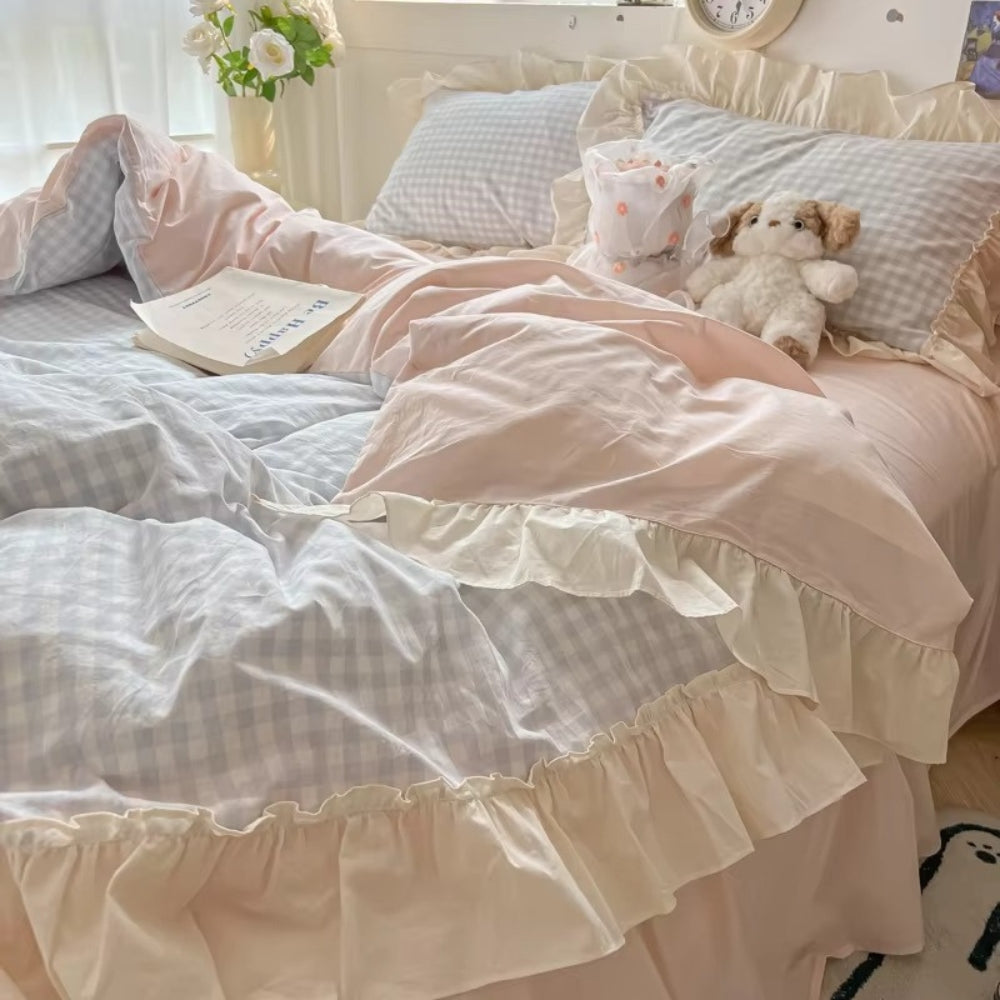 Gingham Check Ruffled Edge Bedding Set-Bedding & Bath > Bedding Sets-casanuva-casanuva