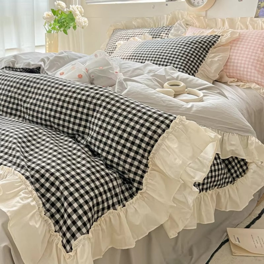 Gingham Check Ruffled Edge Bedding Set-Bedding & Bath > Bedding Sets-casanuva-Noir Gingham-Twin-casanuva