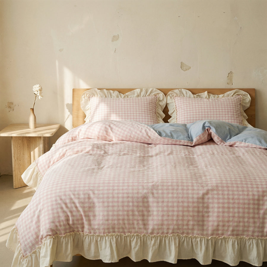 Gingham Check Ruffled Edge Bedding Set-Bedding & Bath > Bedding Sets-casanuva-casanuva
