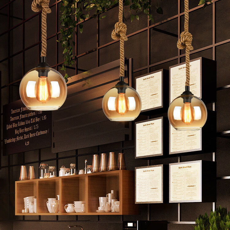 Glass Globe Pendant Light with Retro Rope Hanging Design-Lighting > Pendant Lights-casanuva-casanuva