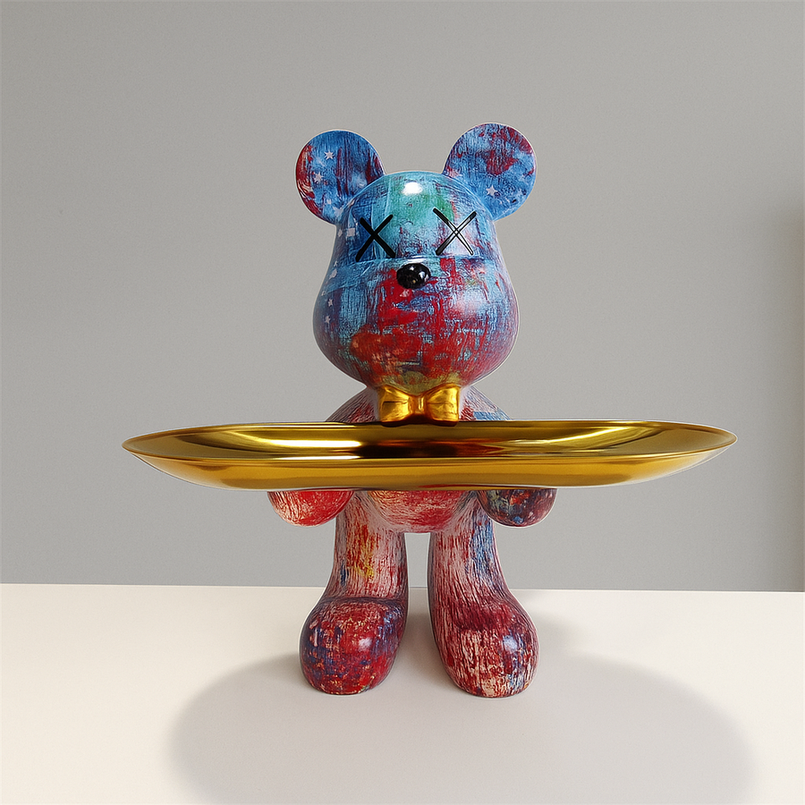 Graffiti Bear Ornament with Gold Tray Tabletop Figure-Home Decor > Figurines-casanuva-Blue-Red-L 10x12x21cm-casanuva