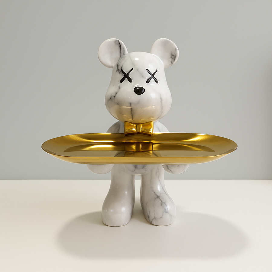 Graffiti Bear Ornament with Gold Tray Tabletop Figure-Home Decor > Figurines-casanuva-White-L 10x12x21cm-casanuva