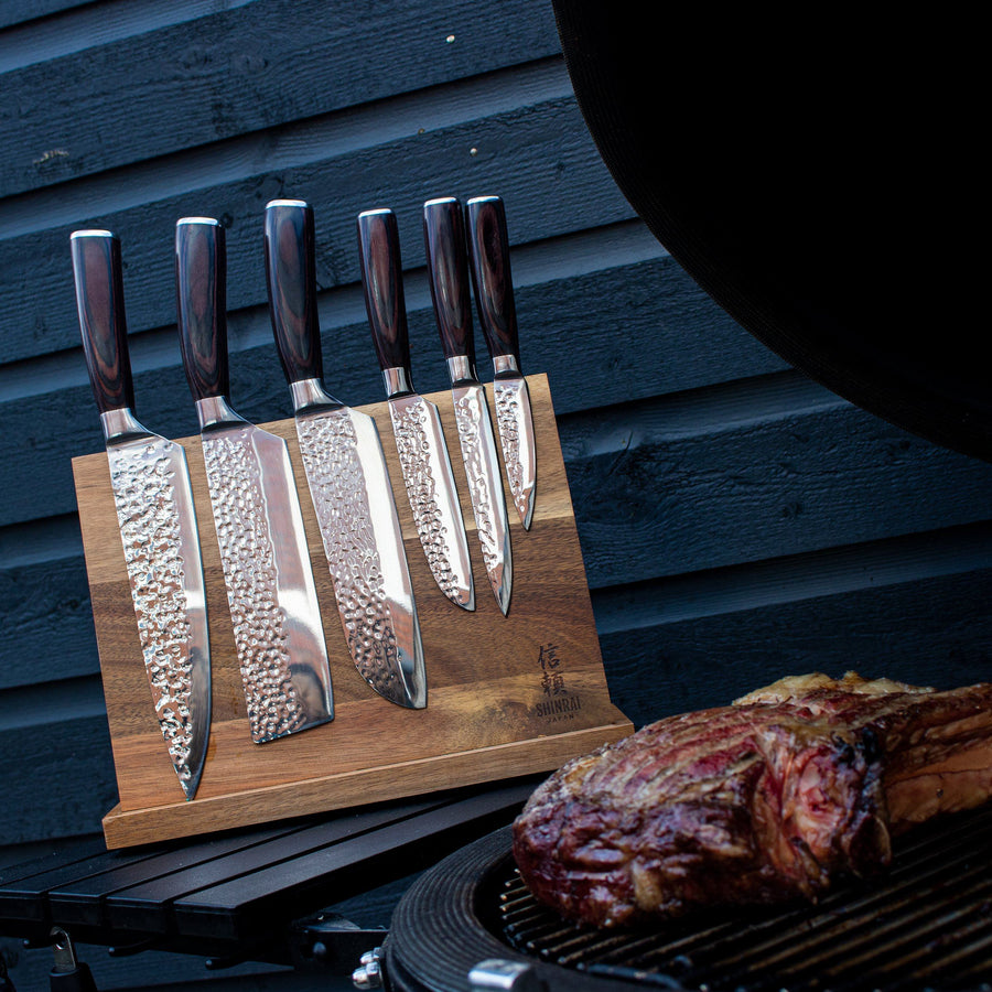 Hammered Stainless Steel Knife Set with Acacia Magnetic Holder 6 Pieces-Kitchen & Dining > Knives-casanuva-casanuva