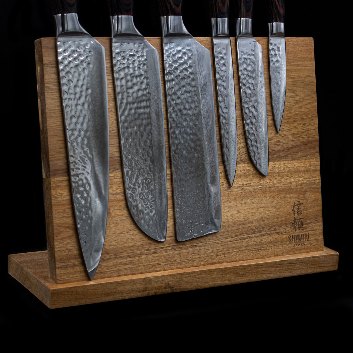 Hammered Stainless Steel Knife Set with Acacia Magnetic Holder 6 Pieces-Kitchen & Dining > Knives-casanuva-casanuva