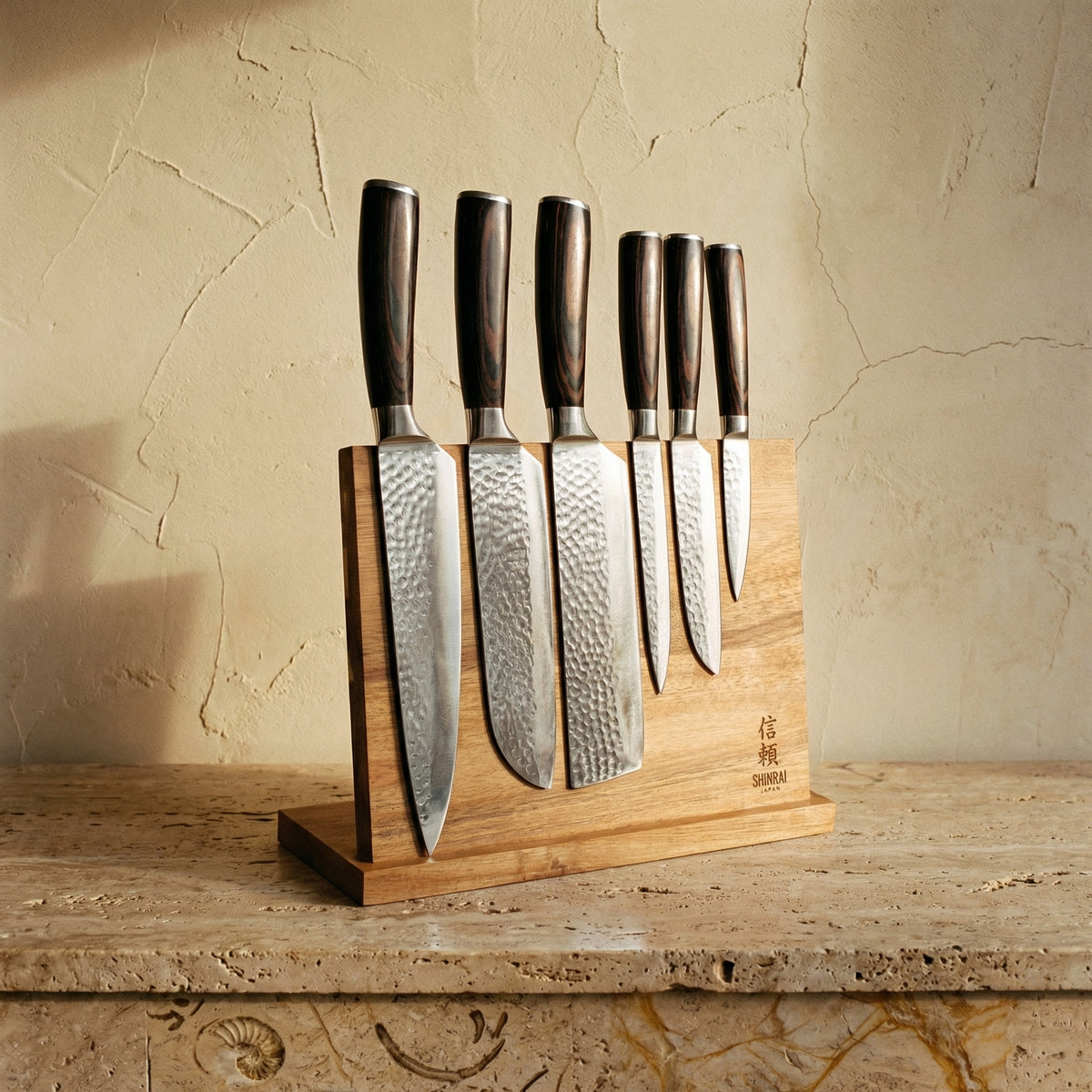 Hammered Stainless Steel Knife Set with Acacia Magnetic Holder 6 Pieces-Kitchen & Dining > Knives-casanuva-casanuva