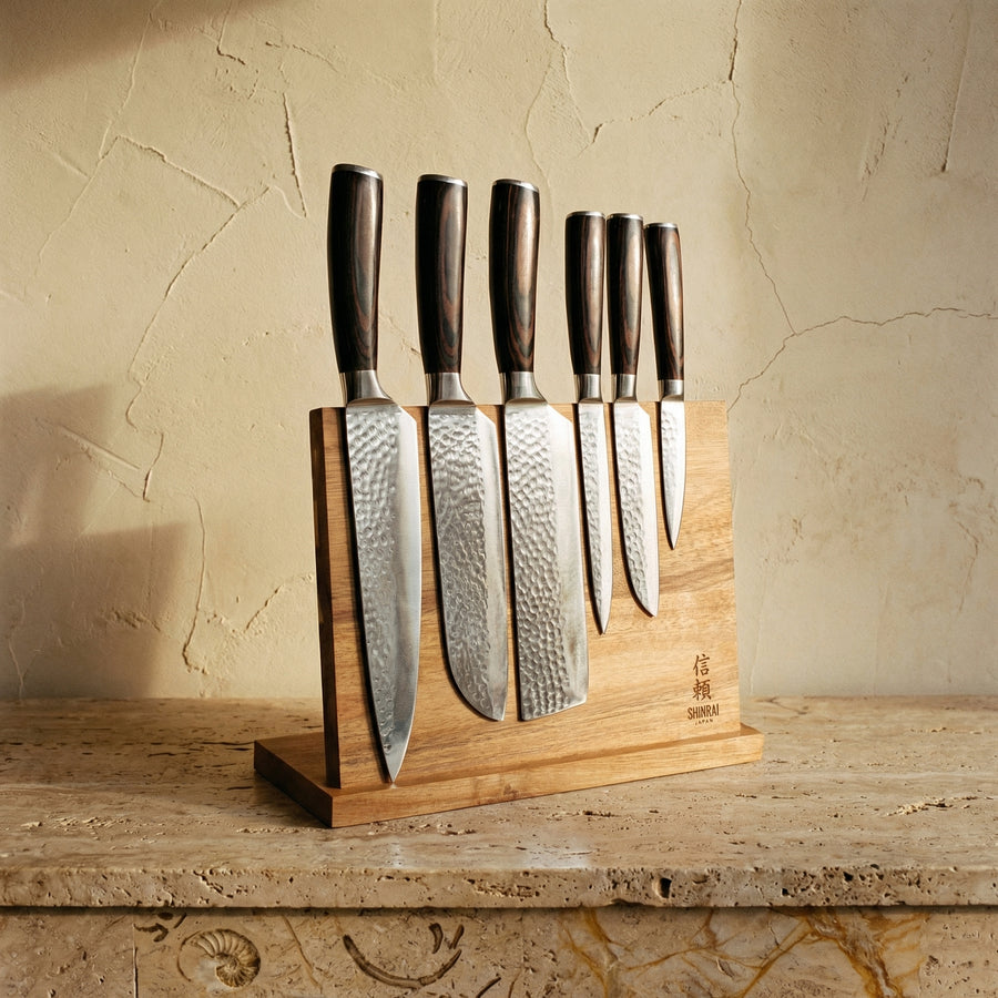 Hammered Stainless Steel Knife Set with Acacia Magnetic Holder 6 Pieces-Kitchen & Dining > Knives-casanuva-casanuva