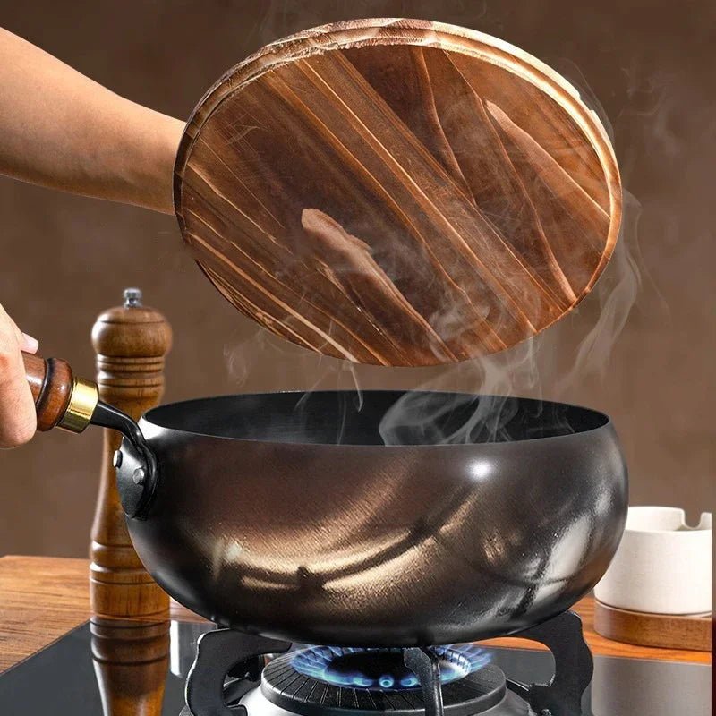 Hand-Forged Iron Pan with Wooden Handle and Optional Lid 24cm 28cm-Kitchen & Dining > Cookware-casanuva-casanuva