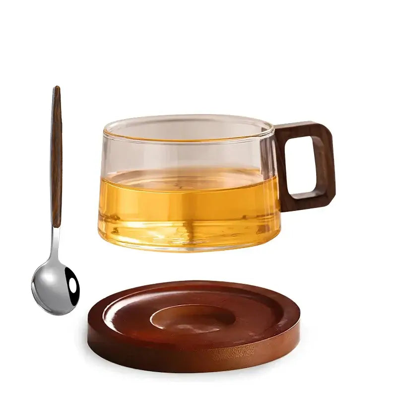 Handcrafted Glass Cup and Saucer Set with Walnut Accent 3 Pieces-Kitchen & Dining > Tableware-casanuva-Clear Set-casanuva