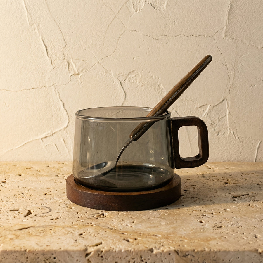 Handcrafted Glass Cup and Saucer Set with Walnut Accent 3 Pieces-Kitchen & Dining > Tableware-casanuva-casanuva
