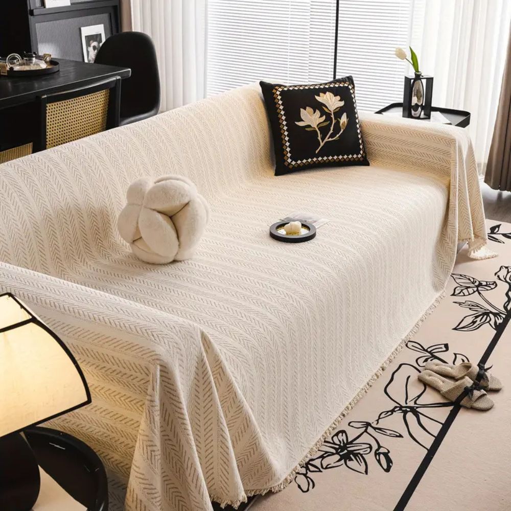 Herringbone Chenille Sofa Cover with Tassels-Covers & Textiles > Sofa Covers-casanuva-casanuva