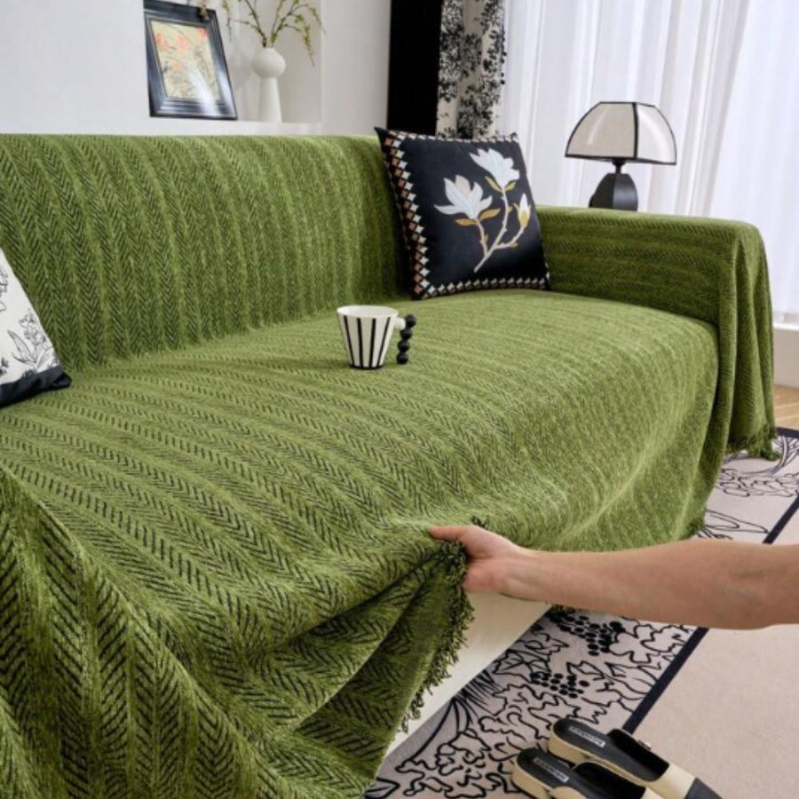 Herringbone Chenille Sofa Cover with Tassels-Covers & Textiles > Sofa Covers-casanuva-casanuva