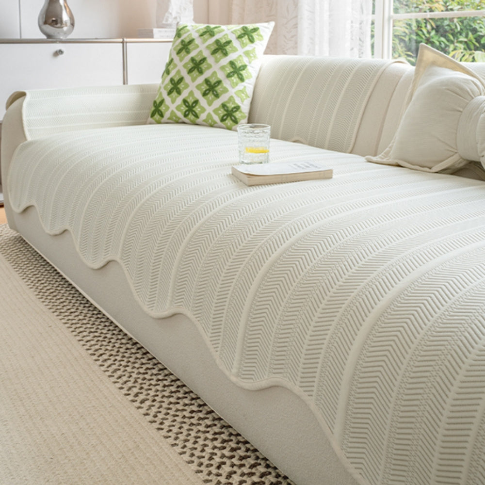 Herringbone Scallop Edge Sofa Cover-Covers & Textiles > Sofa Covers-casanuva-Cream Wave-35"x28"-casanuva