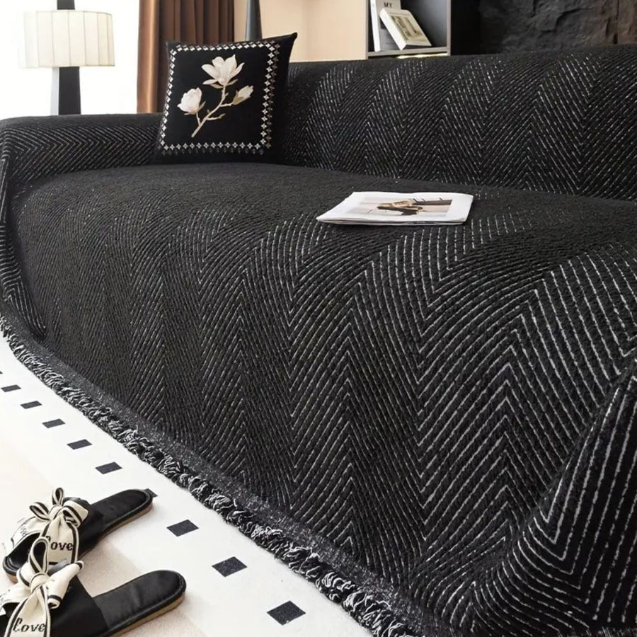 Herringbone Sofa Cover Washable Stretch Fabric-Covers & Textiles > Sofa Covers-casanuva-Midnight Black-71"x71"-casanuva