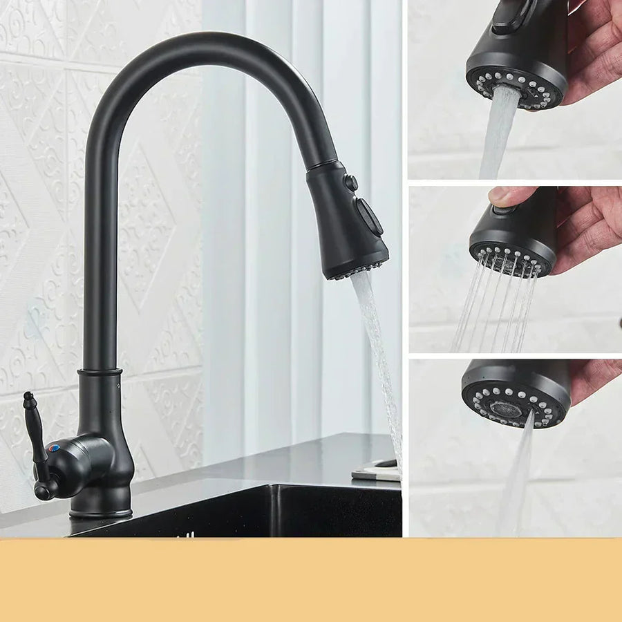 Kitchen Faucet Pull-Out Spray Retro Black Gold Finish-Kitchen & Dining > Kitchen Faucets-casanuva-Matte black 3-way-casanuva