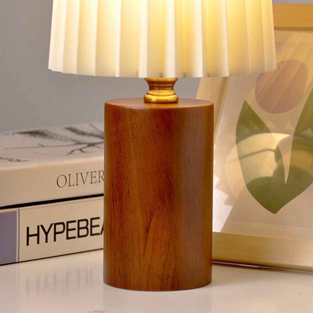 Korean Vintage Pleated Column Table Lamp with Solid Wood Base-Lighting > Table Lamps-casanuva-casanuva