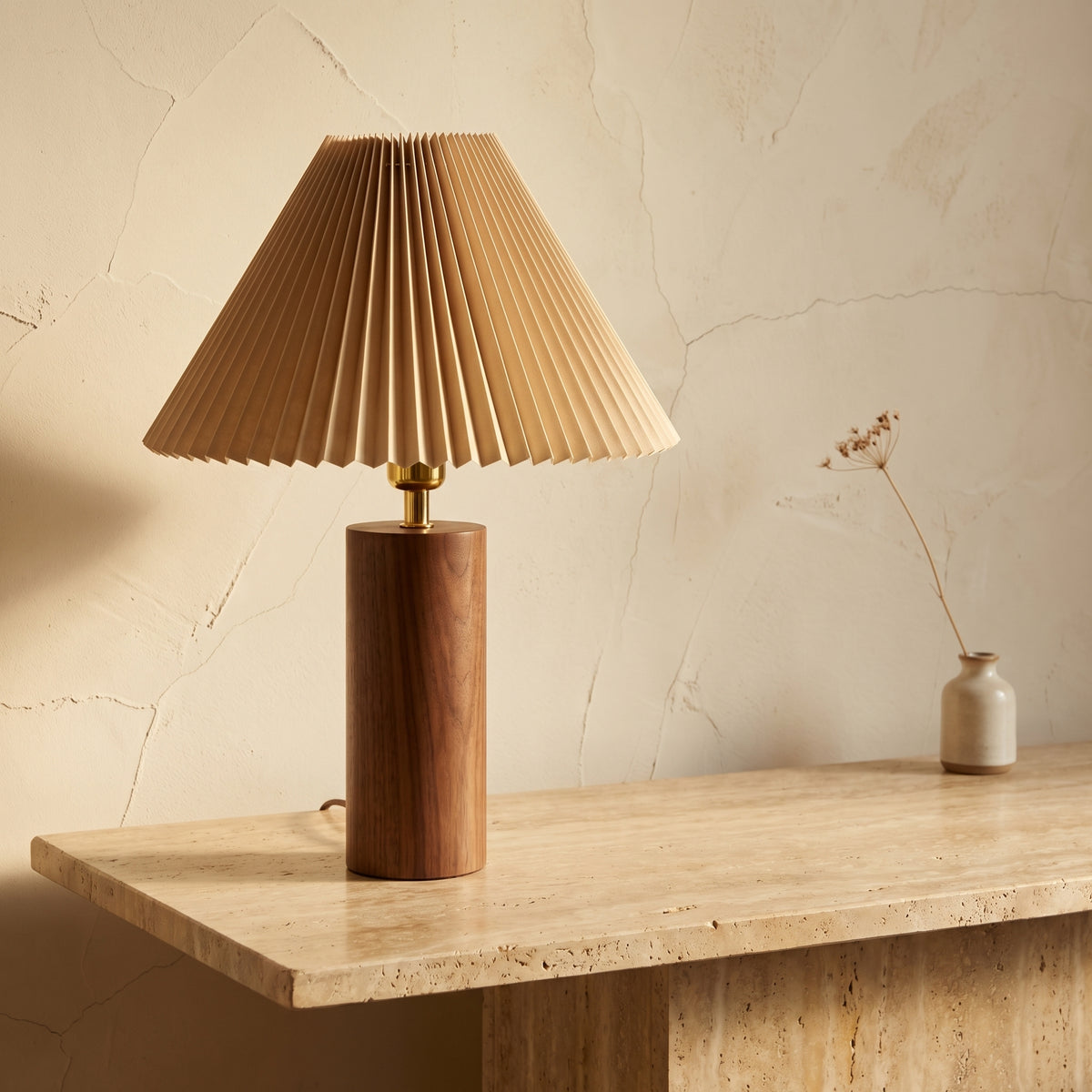 Korean Vintage Pleated Column Table Lamp with Solid Wood Base-Lighting > Table Lamps-casanuva-casanuva