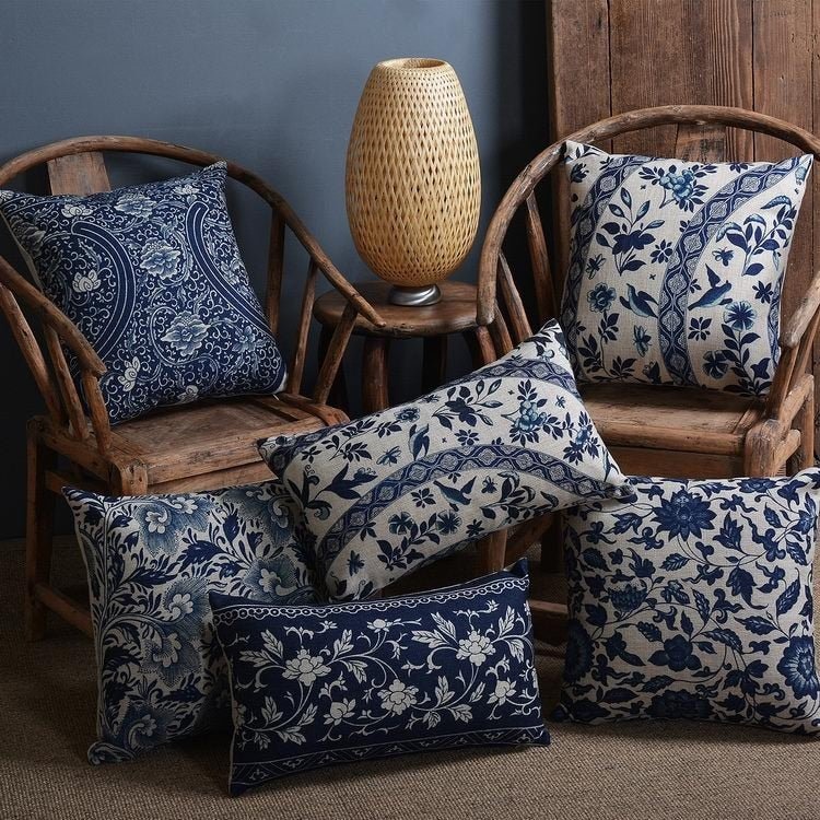 Linen Cotton Pillowcase with Traditional Porcelain Pattern-Bedding & Bath > Pillowcases-casanuva-casanuva