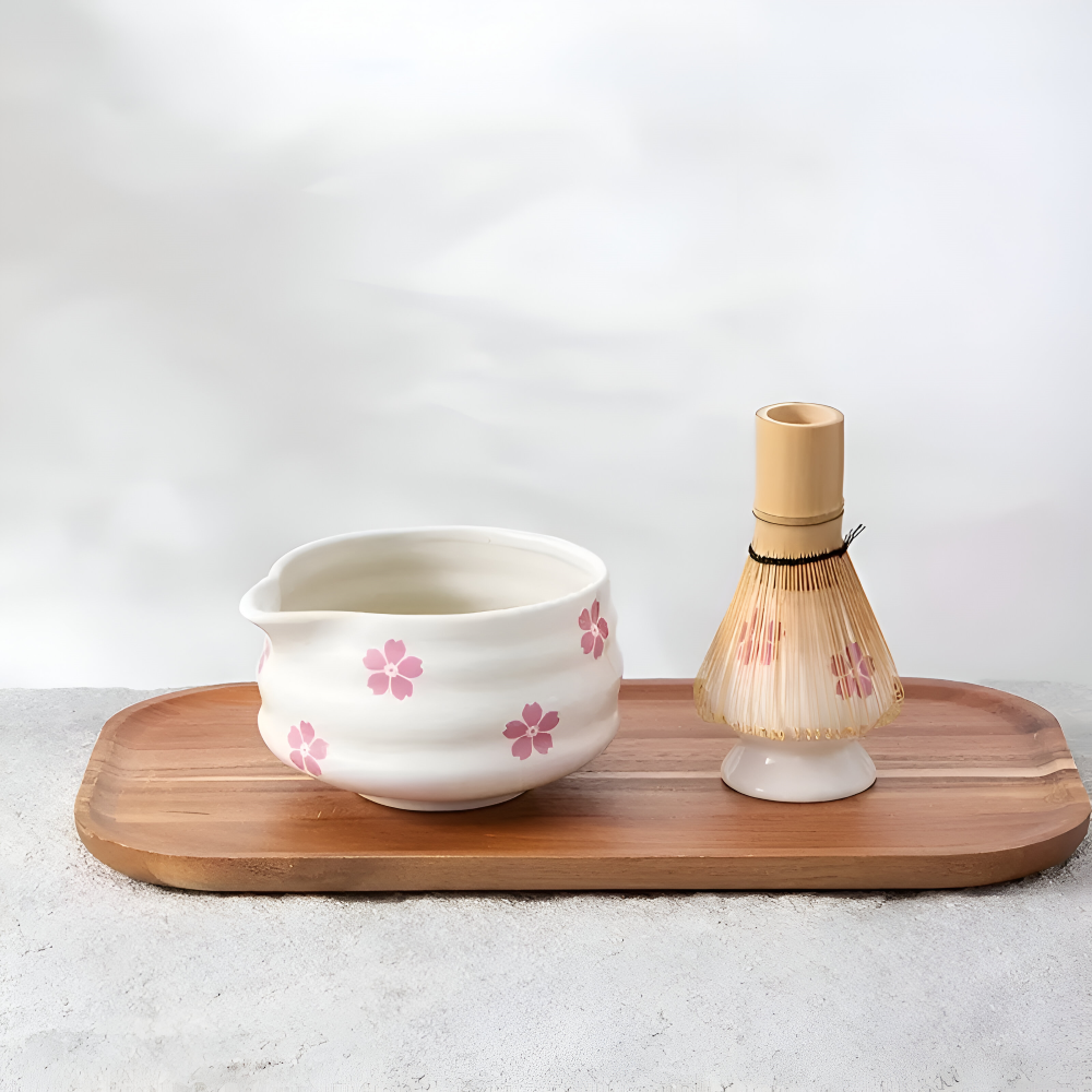 Matcha Set 5 Pieces White Floral Bowl Bamboo Whisk Ceramic-Kitchen & Dining > Coffee & Tea-casanuva-casanuva