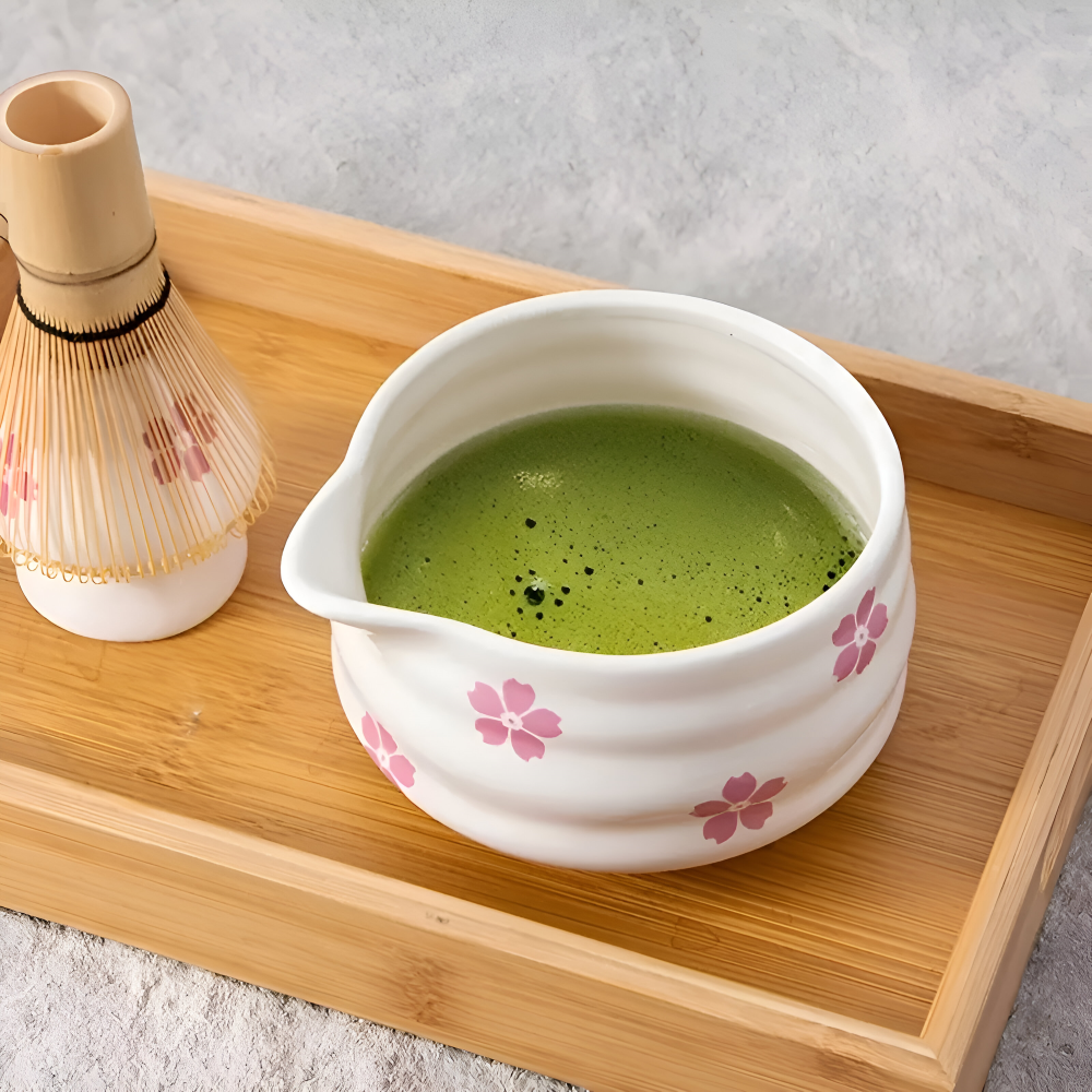 Matcha Set 5 Pieces White Floral Bowl Bamboo Whisk Ceramic-Kitchen & Dining > Coffee & Tea-casanuva-casanuva