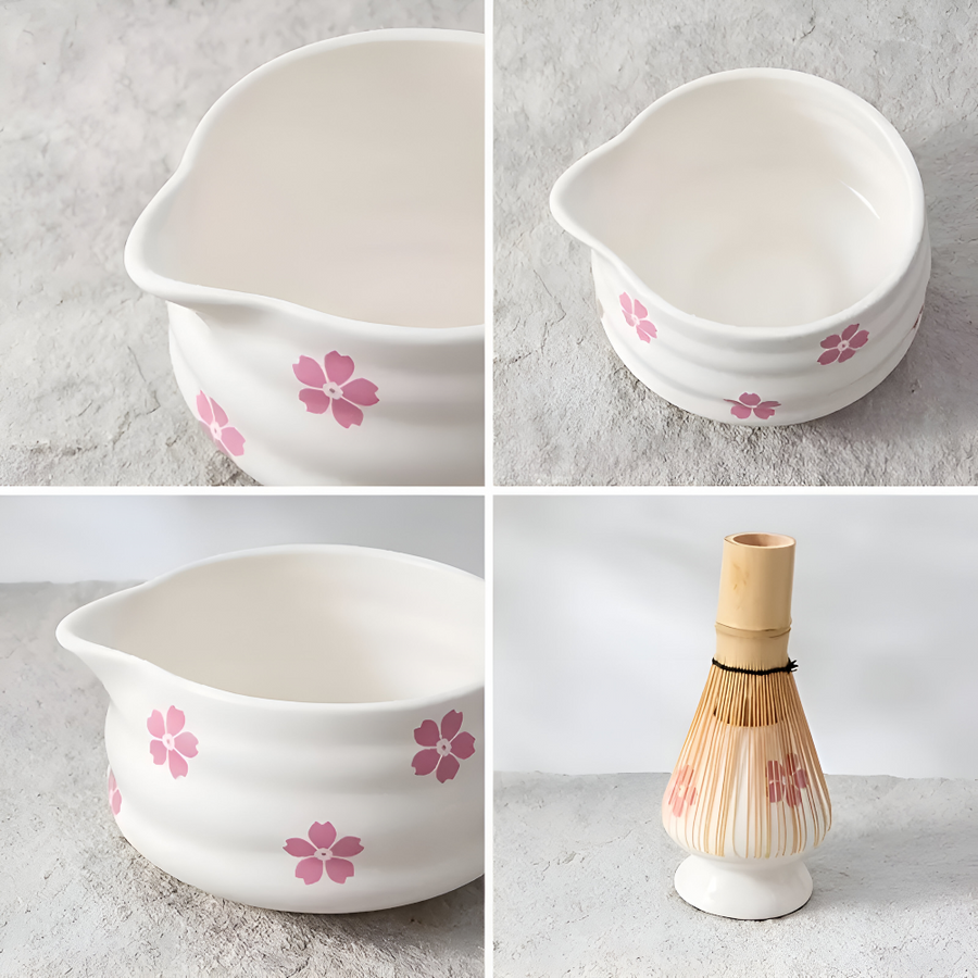 Matcha Set 5 Pieces White Floral Bowl Bamboo Whisk Ceramic-Kitchen & Dining > Coffee & Tea-casanuva-casanuva