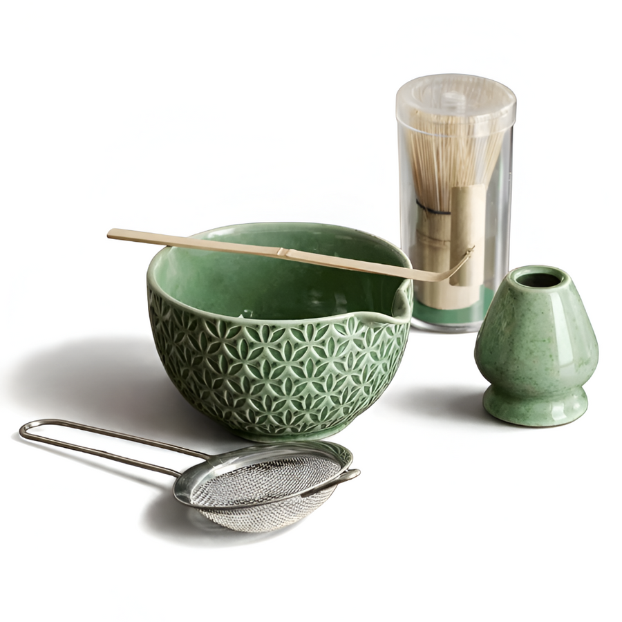 Matcha Set Green Ceramic 500ml with Bamboo Accessories 5 Piece-Kitchen & Dining > Coffee & Tea-casanuva-Leaf pattern-5-piece set-casanuva