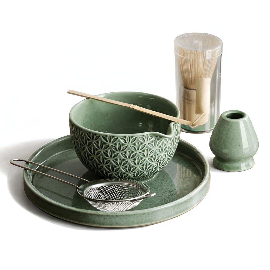 Matcha Set Green Ceramic 500ml with Bamboo Accessories 5 Piece-Kitchen & Dining > Coffee & Tea-casanuva-Leaf pattern-6-piece set-casanuva
